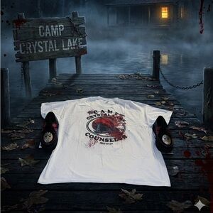 Worn 2x’s Amazon Camp Crystal Lake Counselor Blood Spatter Short Sleeve T-Shirt